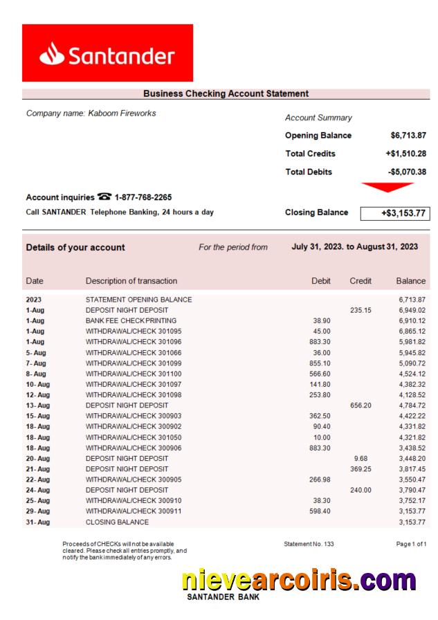 Santander Bank company account statement